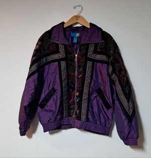 On Your Mark 80's Purple Iridescent Windbreaker Bomber Jacket Velvet Floral Sz L